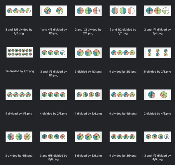 Preview of 20 PNG images depicting fraction division.