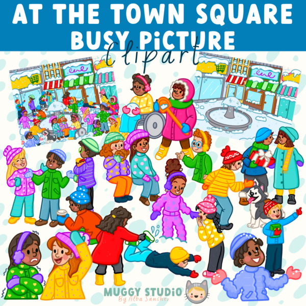 At the Town Square Busy Picture {Winter Busy Image Clip Art} - Image 2